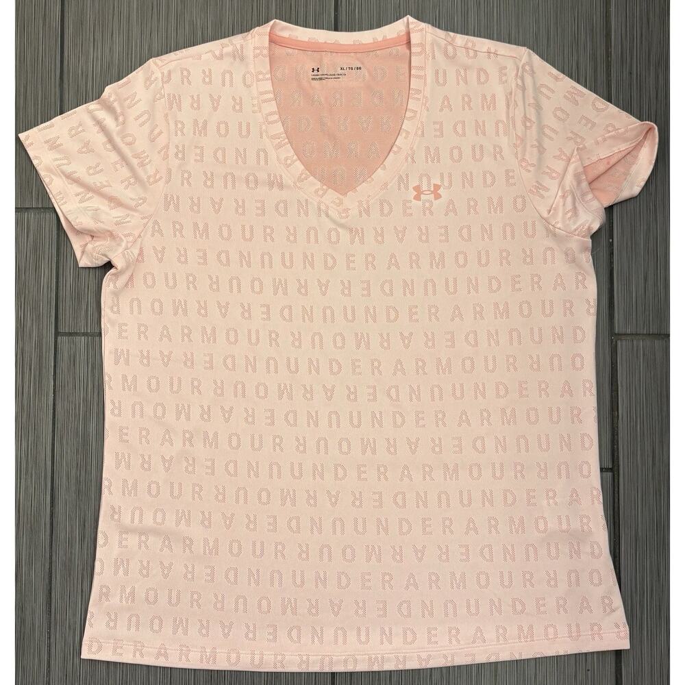 Under Armour Women’s Pink V-Neck T-shirt Size XL All Over Logo Activewear